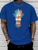 Unisex Summer Bright Blue Short Sleeve T Shirt Hawaiian Tiki Mask Palm Leaf Print Casual Streetwear Loose Male Daily Fashion Tops