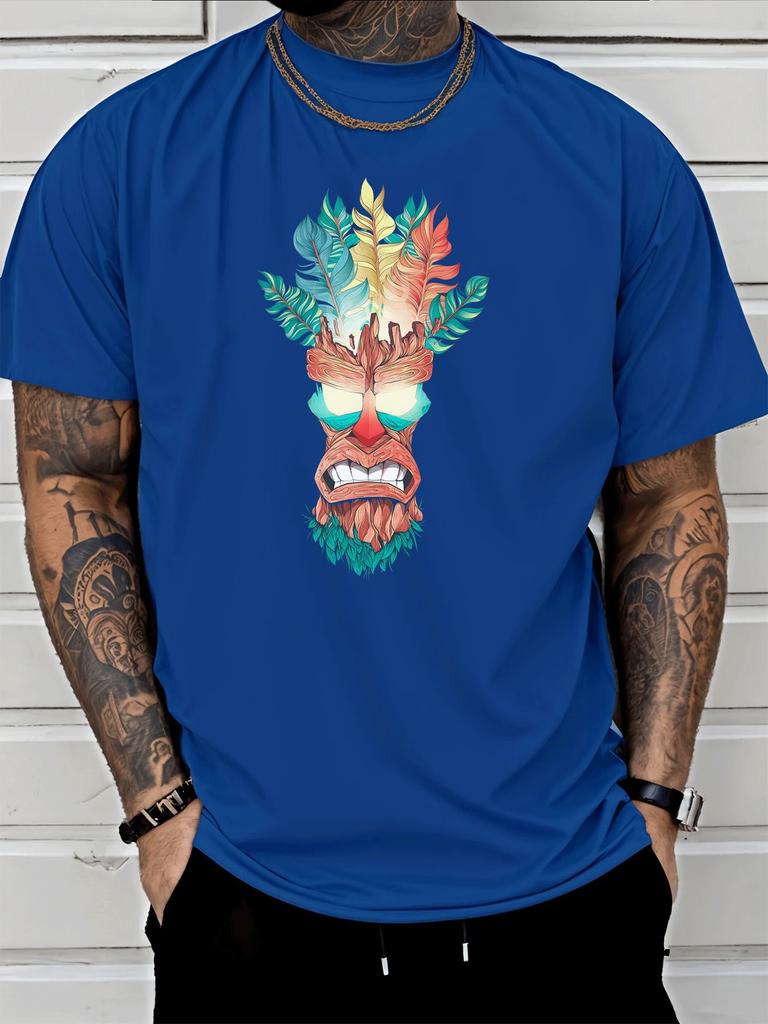 Unisex Summer Bright Blue Short Sleeve T Shirt Hawaiian Tiki Mask Palm Leaf Print Casual Streetwear Loose Male Daily Fashion Tops