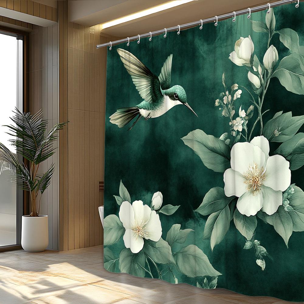 1pc Tranquil Hummingbird Shower Curtain - Green & White Flowers, Dark Green Background, Soft Pink Centers
