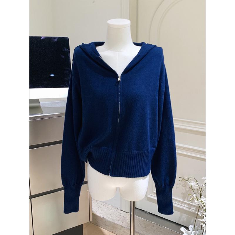 Women's Dark Blue Zip-Up Knit Cardigan, Korean Style, Waist-Cinching, Hooded, Long Sleeve, Autumn/Winter Short Jacket.