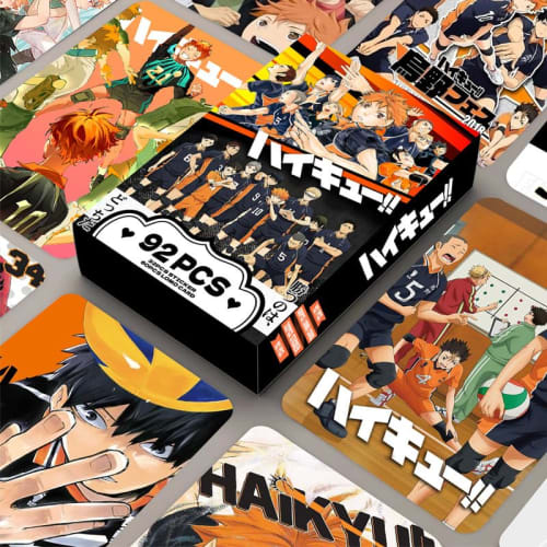 Haikyuu! Trading Cards, LOMO Cards, and Accessories, featuring Hinata Shoyo, Kageyama Tobio, Kuroo Tetsuro, Tsukishima Kei, and Sugawara Koushi. Karas
