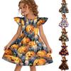 Vestido de Halloween para Meninas com Manga Flare Patchwork Vestido Casual Infantil com Estampa Floral de Abóbora Fantasma para Festa de Outono