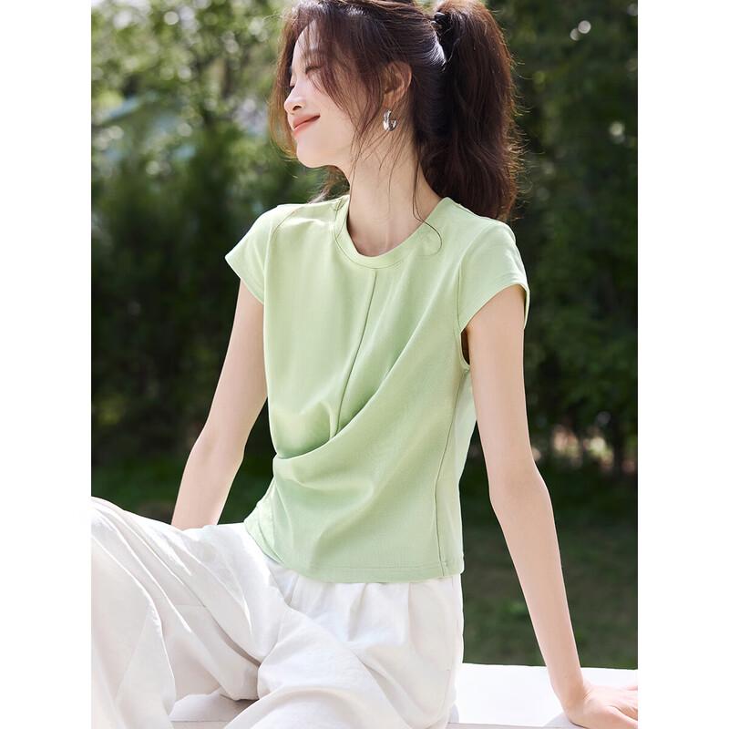 Women s Casual Slim-Fit Twisted Waist Short Sleeve T-Shirt L яблочный зеленый
