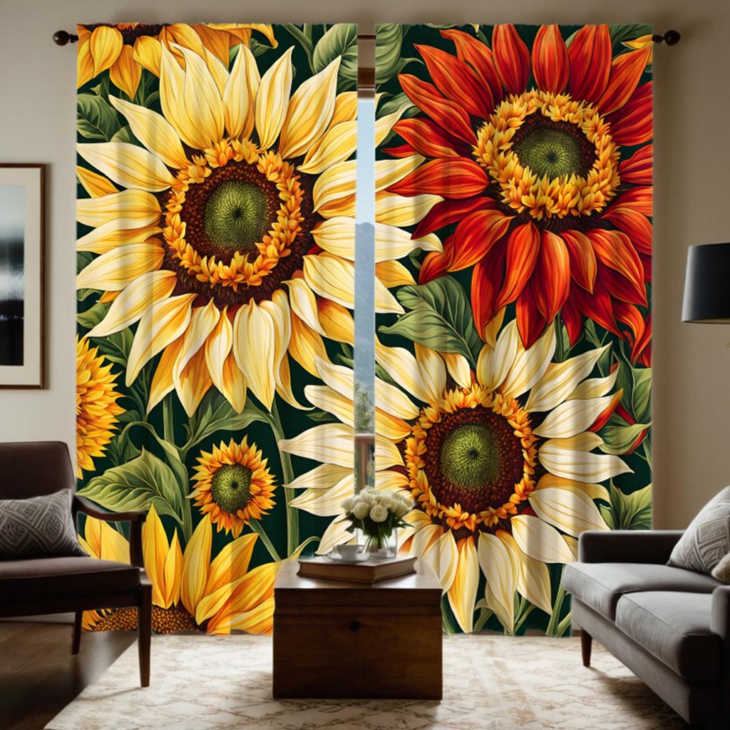 2pcs HD Full Garden Sunflower Flower Decorative Curtain Yellow Tie Digital Printed Curtain Home Decoration Style Decoration L
