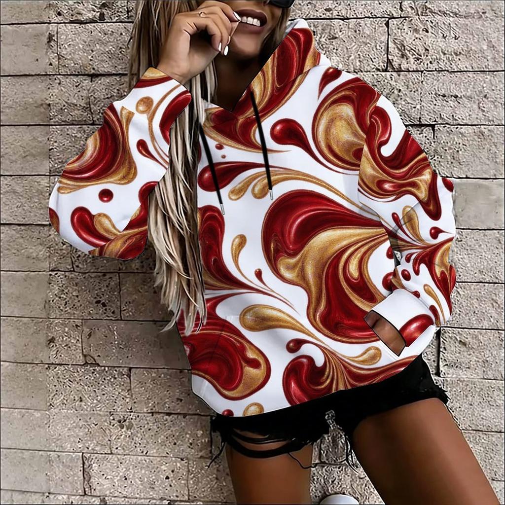 Women Plus Size Abstract Printed Long Sleeve Drawstring Hoodie Kangaroo Pocket Pullover