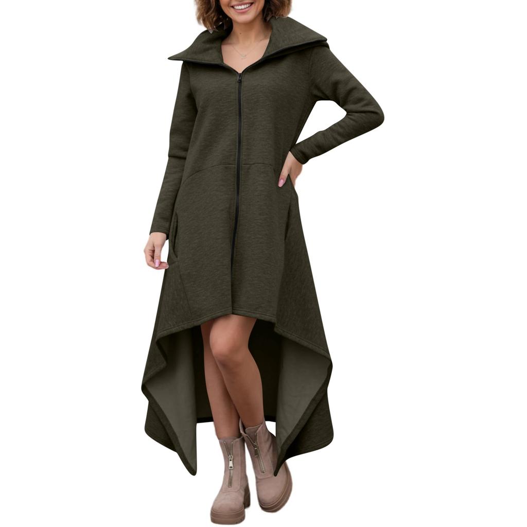 Women's Fashionable Solid Color Long Sleeved Hooded Long A-line Skirt Loose And Versatile Sweatshirt Jacket