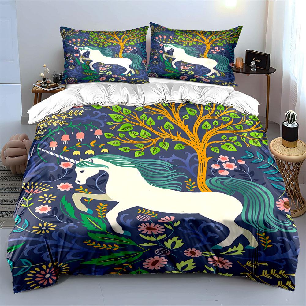 White Horse, Tree, Flowers. Bedding Sets Duvet Cover Sets Duvet Covers Pillowcases(1* Duvet Cover 2* Pillowcases Without Duvet Insert)