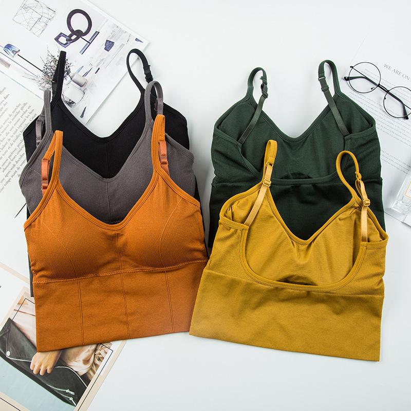 Women's Ribbed V-Neck Cami Top, Seamless U-Back Bralette with Built-in Bra