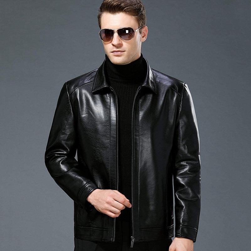 Genuine Leather Jacket Men's Sheep Skin Winter Plush and Thickened Lapel Middle-aged Leather Jacket Motorcycle Jacket