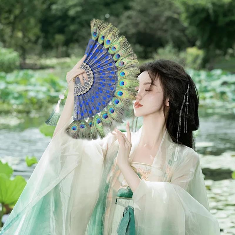 1PC Folding Fan Colorful Peacock Feather Home Decoration Embroidery Sequin High Quality Dance Hand Fans