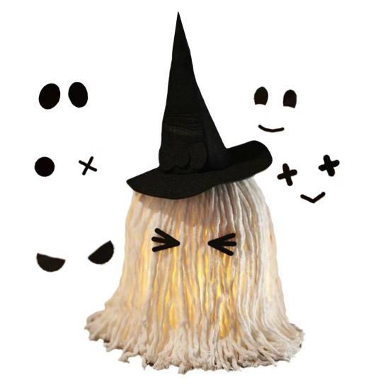 Halloween Hanging Ghost Decoration LED Light Up White Cotton Rope Ghost with Witch Hat for Indoor Outdoor Home Party Decor