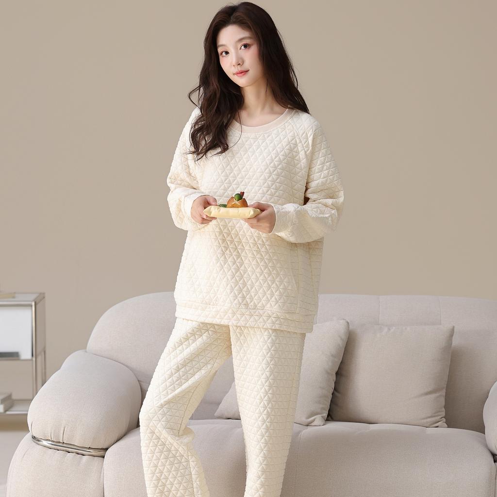 Air Cotton Sandwich Pajamas Women'S Autumn And Winter Cotton Long-Sleeved Thickened And Wearable Loungewear Set