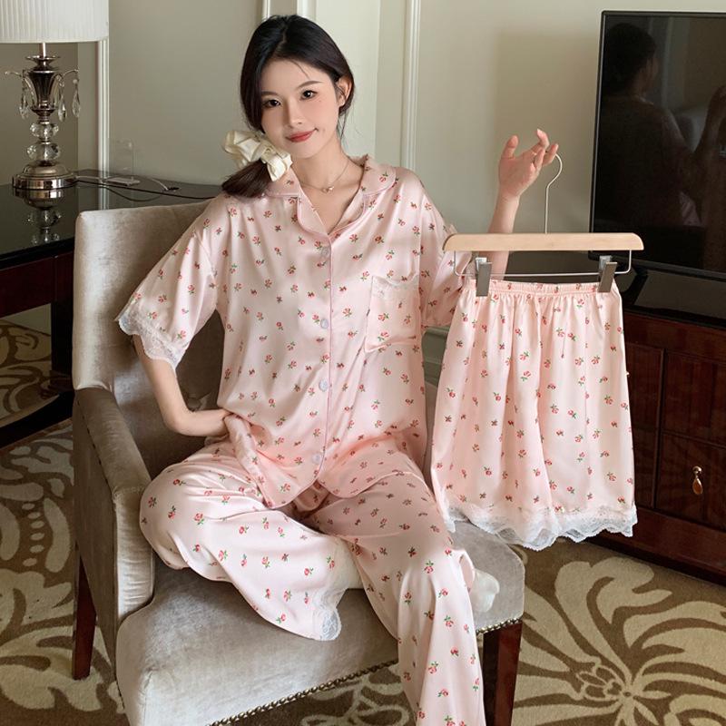 Women's Ice Silk Cherry Print Pajama Set - Elegant Summer Three-Piece Lounge Wear