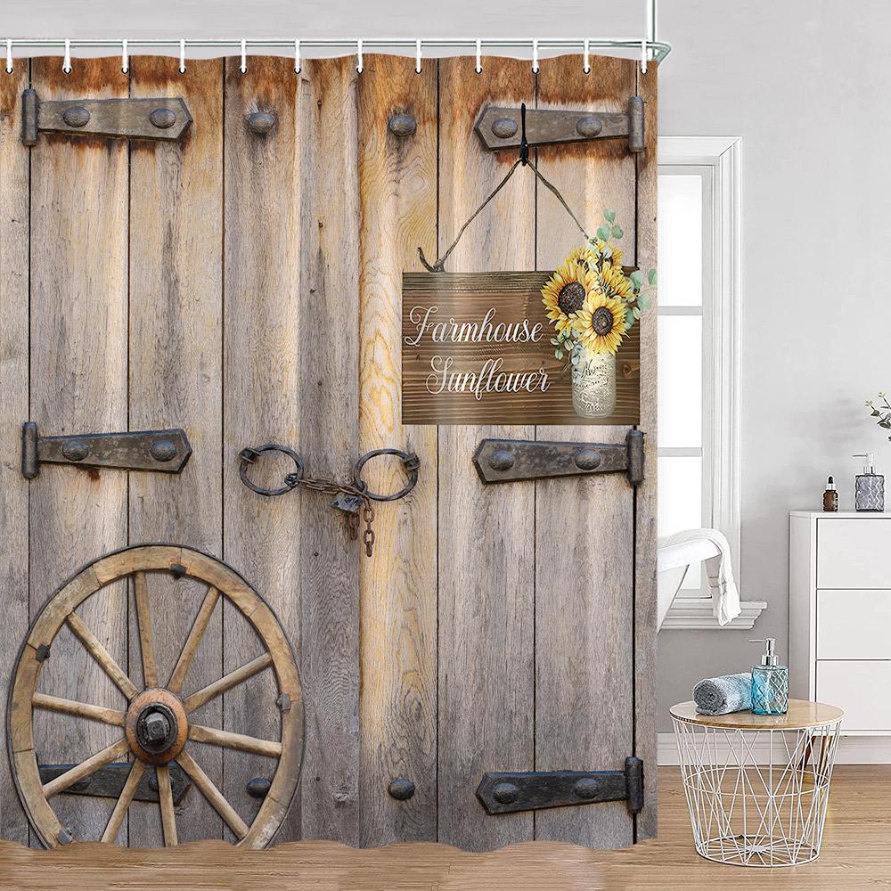 Rustic Barn Door Shower Curtains Grey White Brown Wooden Board Vintage Farmhouse Decorative Polyester Fabric Bathroom Curtains