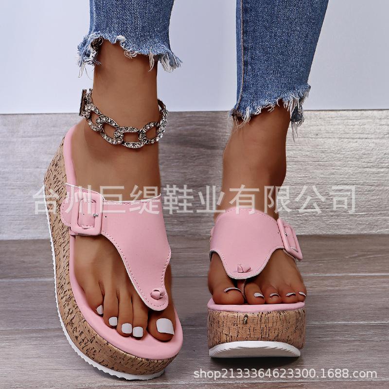 Juti Spot 2025 Summer New Women's Shoes Foreign Trade Large Size Wish Independent Station Slope Heel Women's Buckle Sandals