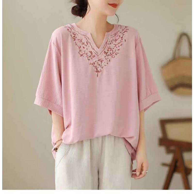 Pure Cotton Embroidered Short-sleeved T-shirt Women's Summer Korean Style Loose Three-quarter Sleeve Top