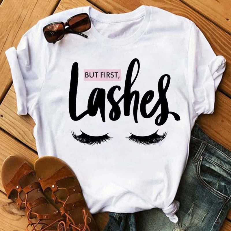 Maycaur Fashion Graphic Women Tops Eyelashes Print Kawaii Lashes Women T Shirt Tee Funny Makeup Aesthetic Shirt Camisas Mujer