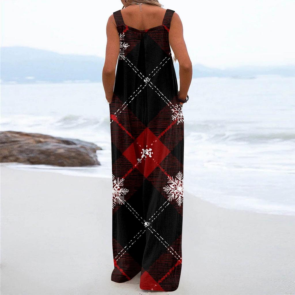 Women's Christmas Print Solid Wide Leg Strapless Tank Pocket Casual Onesie