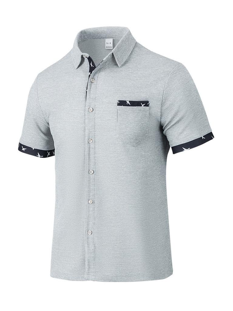 Men's Shirts Summer Turn-down Collar Stirpes Waffle Casal Cardigan Loose Muscle Casual Short Sleeve Shirt for Male Tops