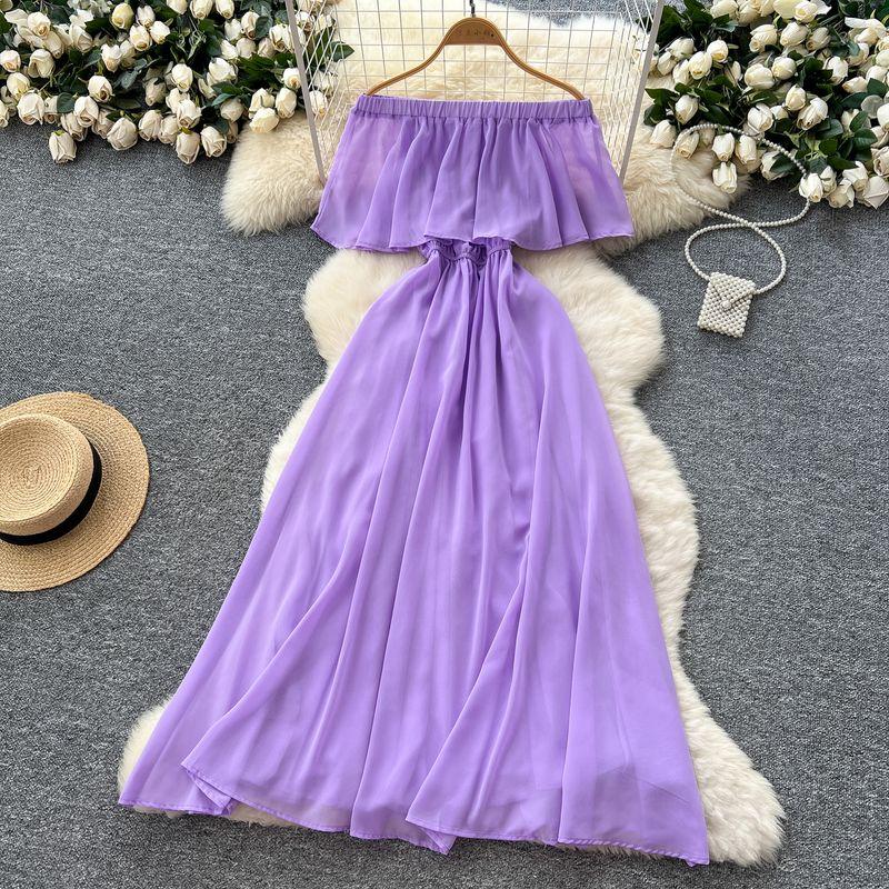 

off-Shoulder Frill Patchwork Waist Hugging Dress Women Summer French style Slimming Temperament Immortal Chiffon Vacation Long dress Purple S