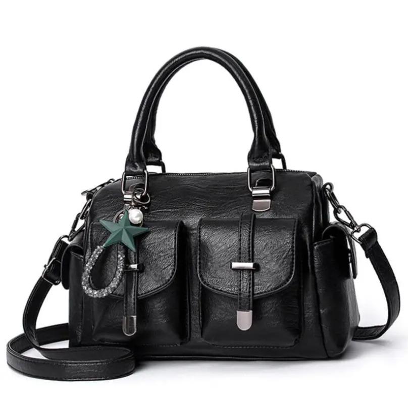 Female Boston Bag New Fashion Handbag Soft Leather Large Capacity Mother Bag Retro Women'S Shoulder Bag Multi-Pocket Female Bag