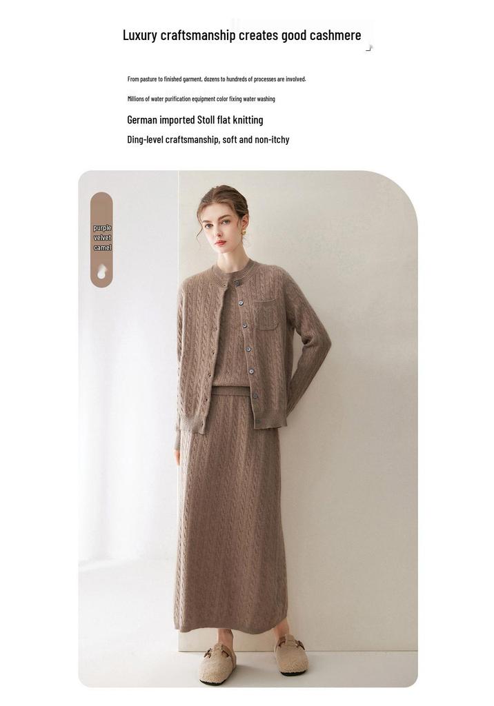 Kang Sai Ni Women's 100% Cashmere Round Neck Cable Knit Sweater - Versatile & Casual Knitwear