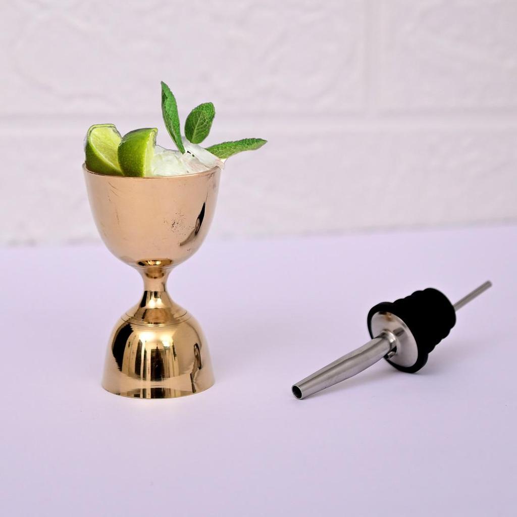 ABHAS® Brass Cocktail Jigger – Traditional Golden 30/60ml Peg Measurer with Wine Stopper | Double-Sided Bar Tool & Measuring Cup Product Description.
