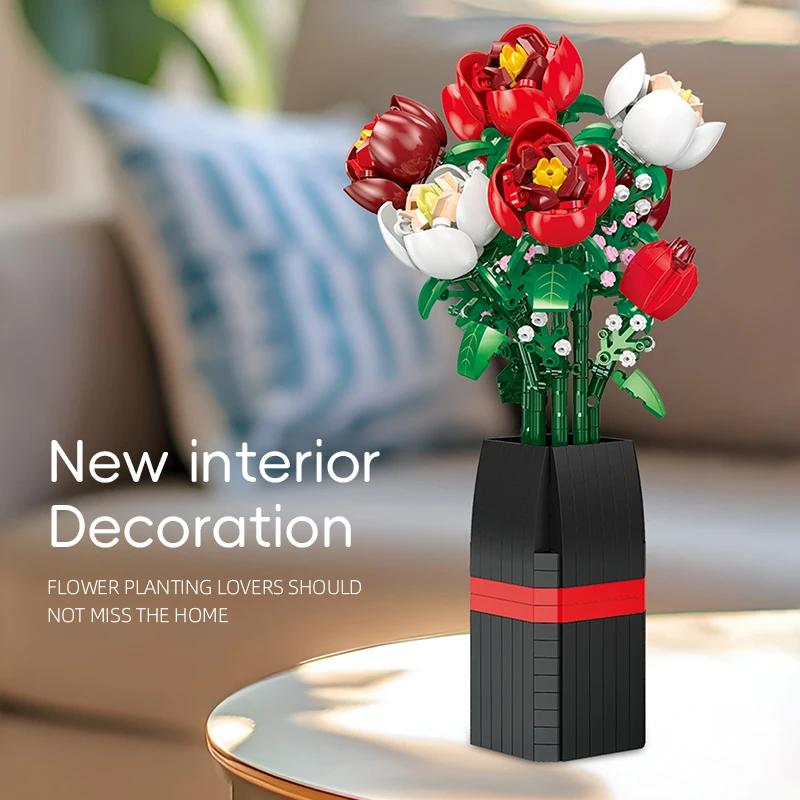 DIY Red Rose Building Blocks Bouquet - Romantic Vase Flower Gift for Adults, Valentine's Day Anniversary Home Desk Decor