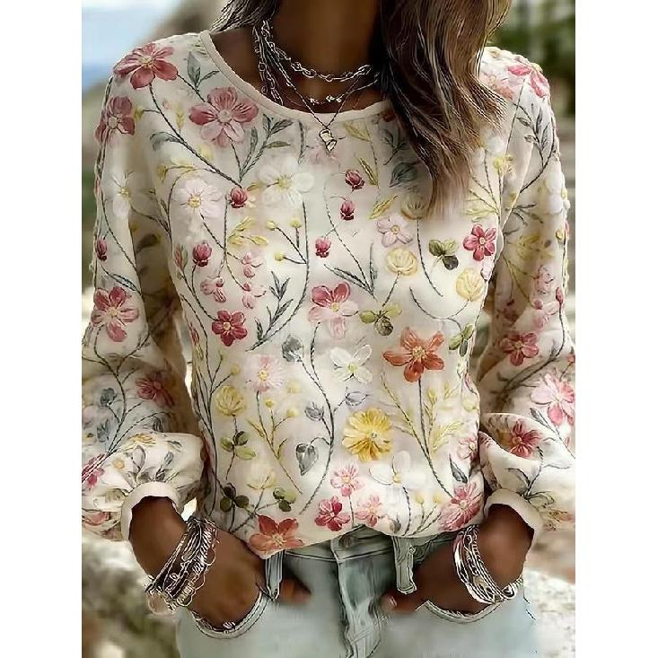 2026 New Women s Round Neck Long Sleeve Top with 3D Digital Print Floral Elements S