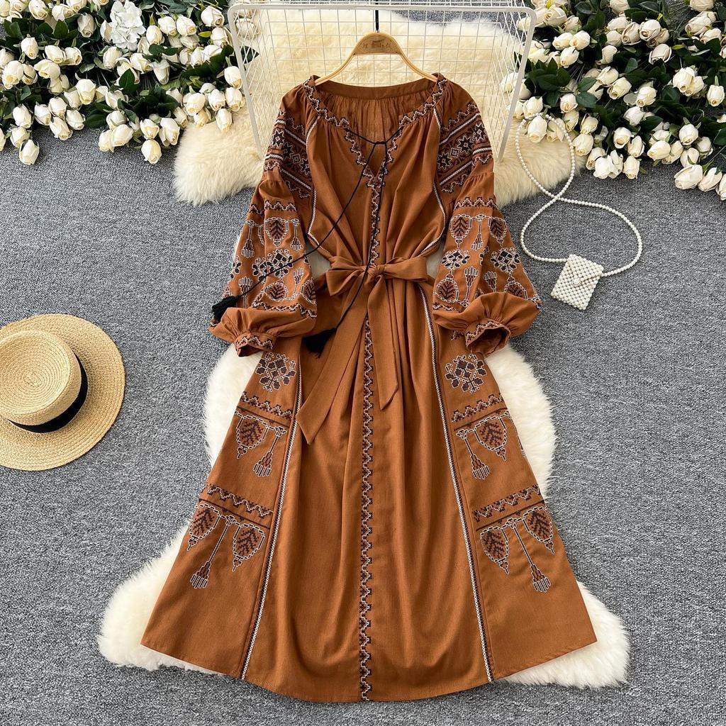 Bohemian Embroidered Lantern Sleeve Tie-Waist Dress for Women