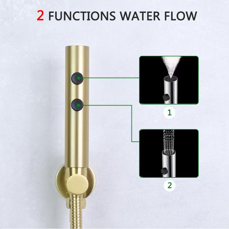 Bidet Sprayer Brushed Gold Bathroom Clean Toilet 2 Functions Water Flow Brass Body Stainless Steel/PVC Hose