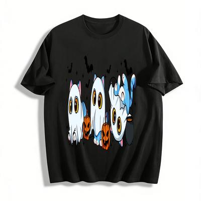 Halloween Cute Ghost Cat Print Top Adults Kids Funny Pumpkin Bat Festival Casual T-shirt Pure Cotton T-shirt