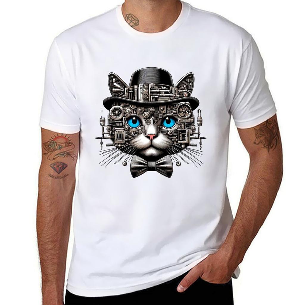 Retro Steampunk Cat Tshirt Minimalist Casual Short Sleeve Top