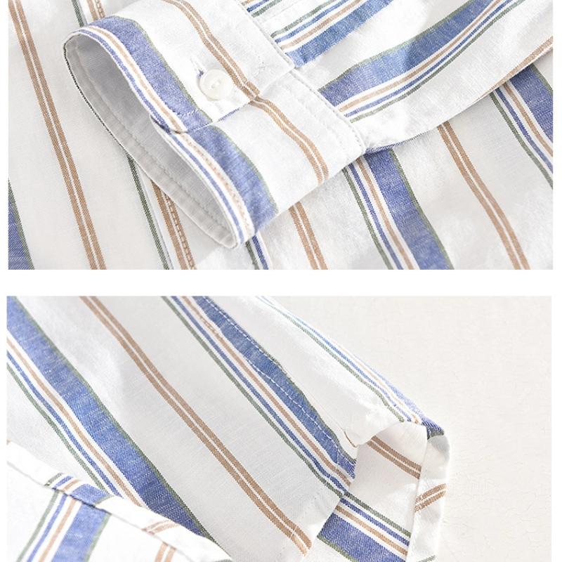 Spring and Summer Cotton Linen Men Tops Japanese Style Square Stripes Long Sleeve Shirt Youth Breathable Shirts for Men