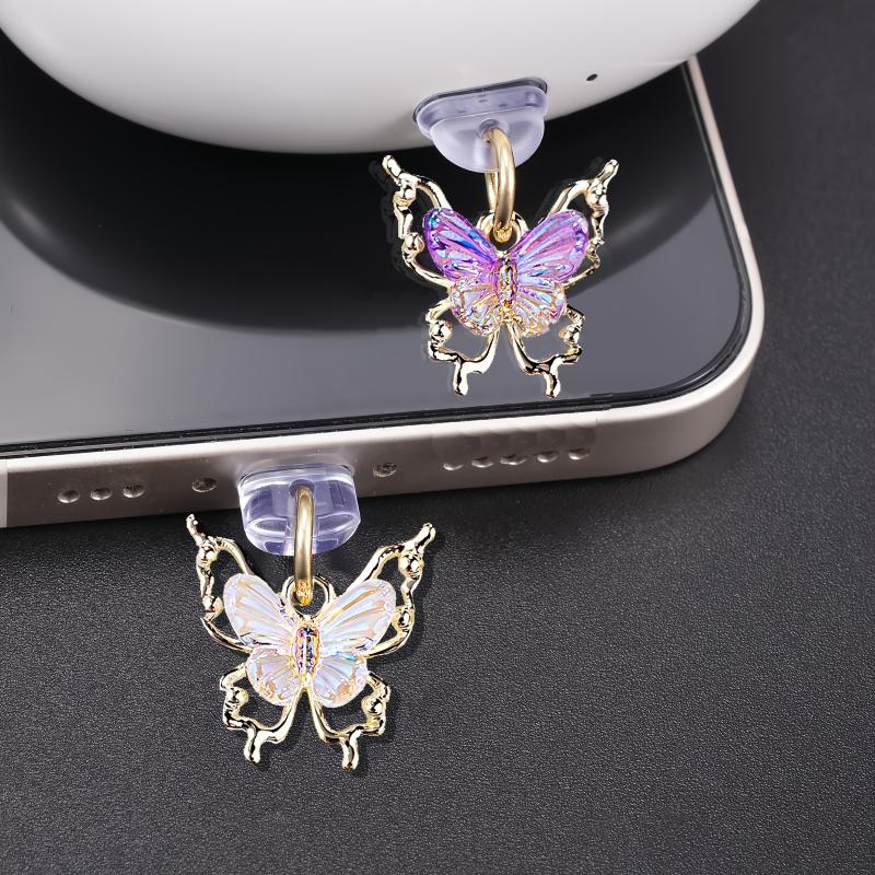 Glitter Butterfly Phone Dust Plug Accessories Decoration Hanging Pendant For Iphone For Samsung Type-C Charging Port