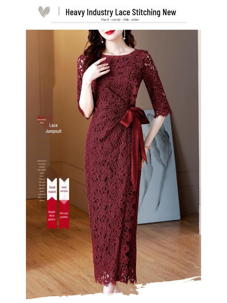 2023 Summer Wine Red Retro Lace Evening Dress