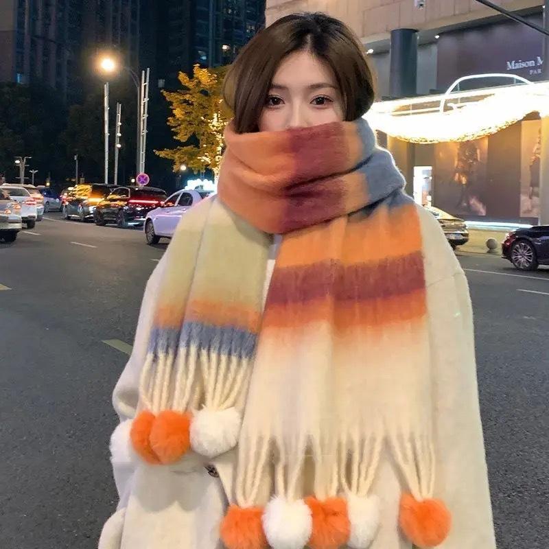 Mohair Rainbow Striped Scarf for Women Winter New Thickened Student Warm Shawl Versatile High End Fur Ball Scarf