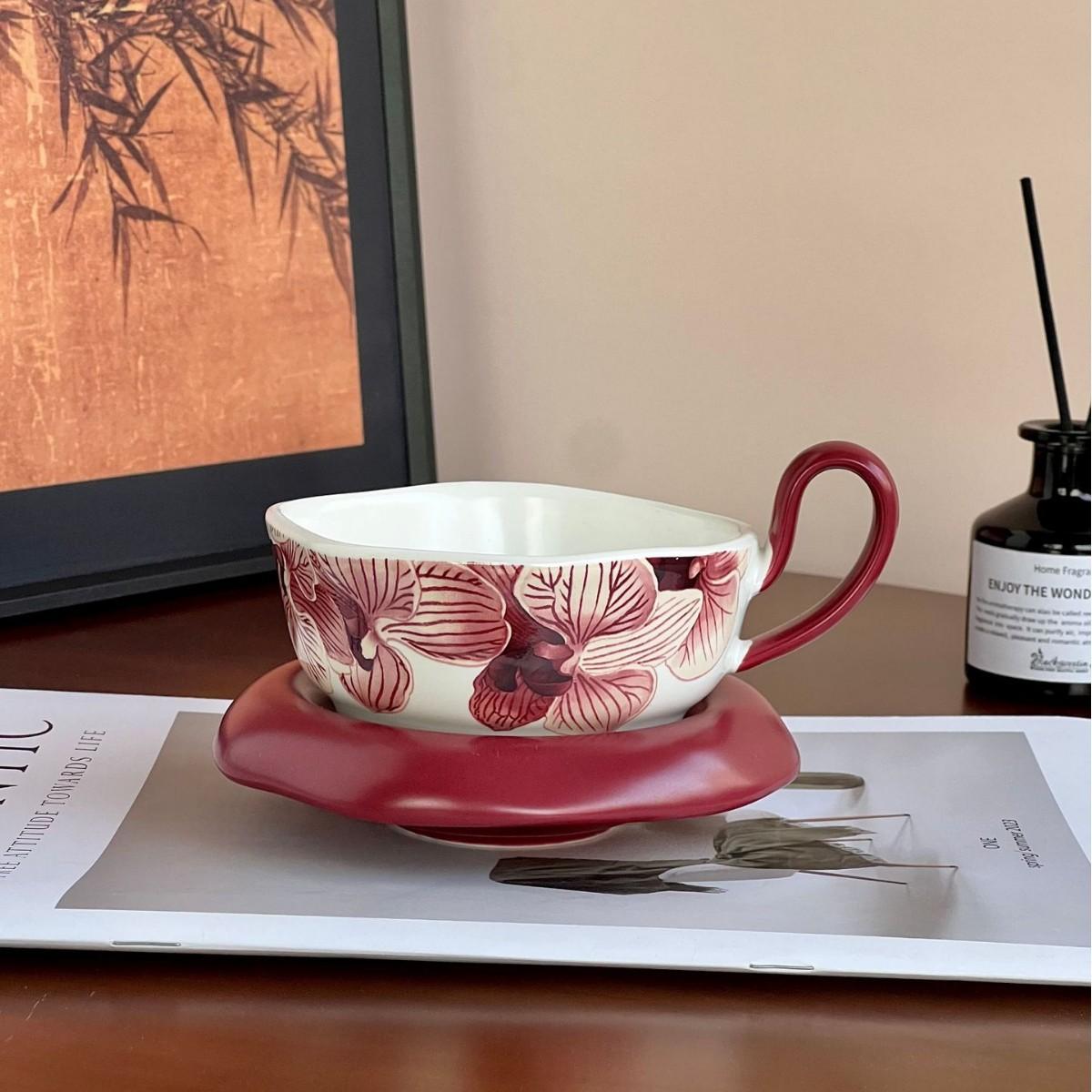 

Hanging Ear Coffee Cup Saucer Mochu Orchid Medieval Ink Wind Cup Light Luxury High Sense Home Office Cup 240ML