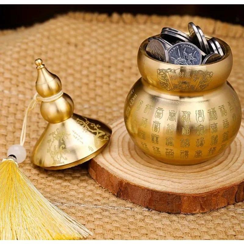 Gourd Ornament: Open-Top Chinese-Style Brass Feng Shui Gourd—Desktop Wealth-Bringing Carved Feng Shui Decorative Item