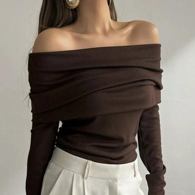 Frühling Herbst Damen Sexy Schulterfreier Gestrickter Pullover Schlank Dehnbar Langärmelig Pullover Gestrickter Pullover