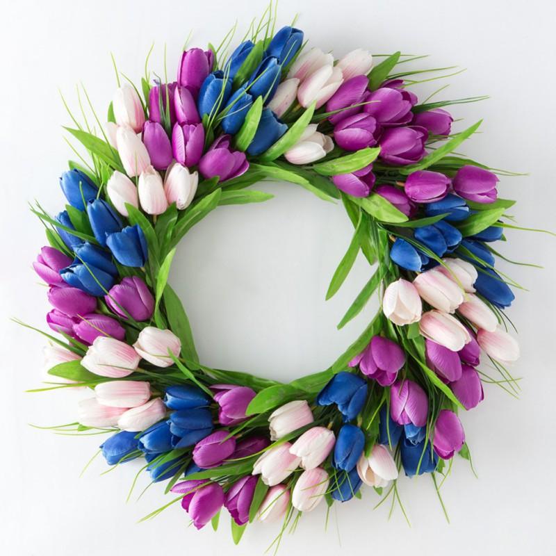 Artificitial Tulip Wreath Front Door Hanging Decoration 40cm Floral Garland Wall Pendant for Home Decor Wedding