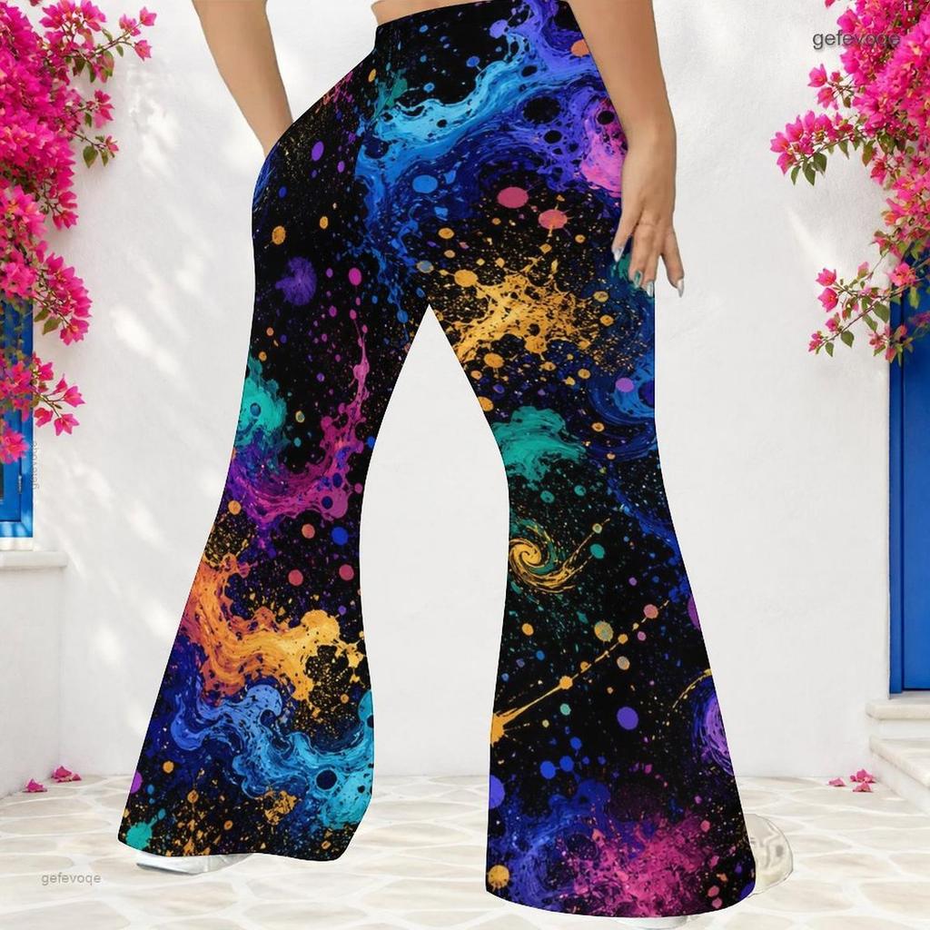 Women Plus Size High Waist Full Length Galaxy Printed Flared Pants