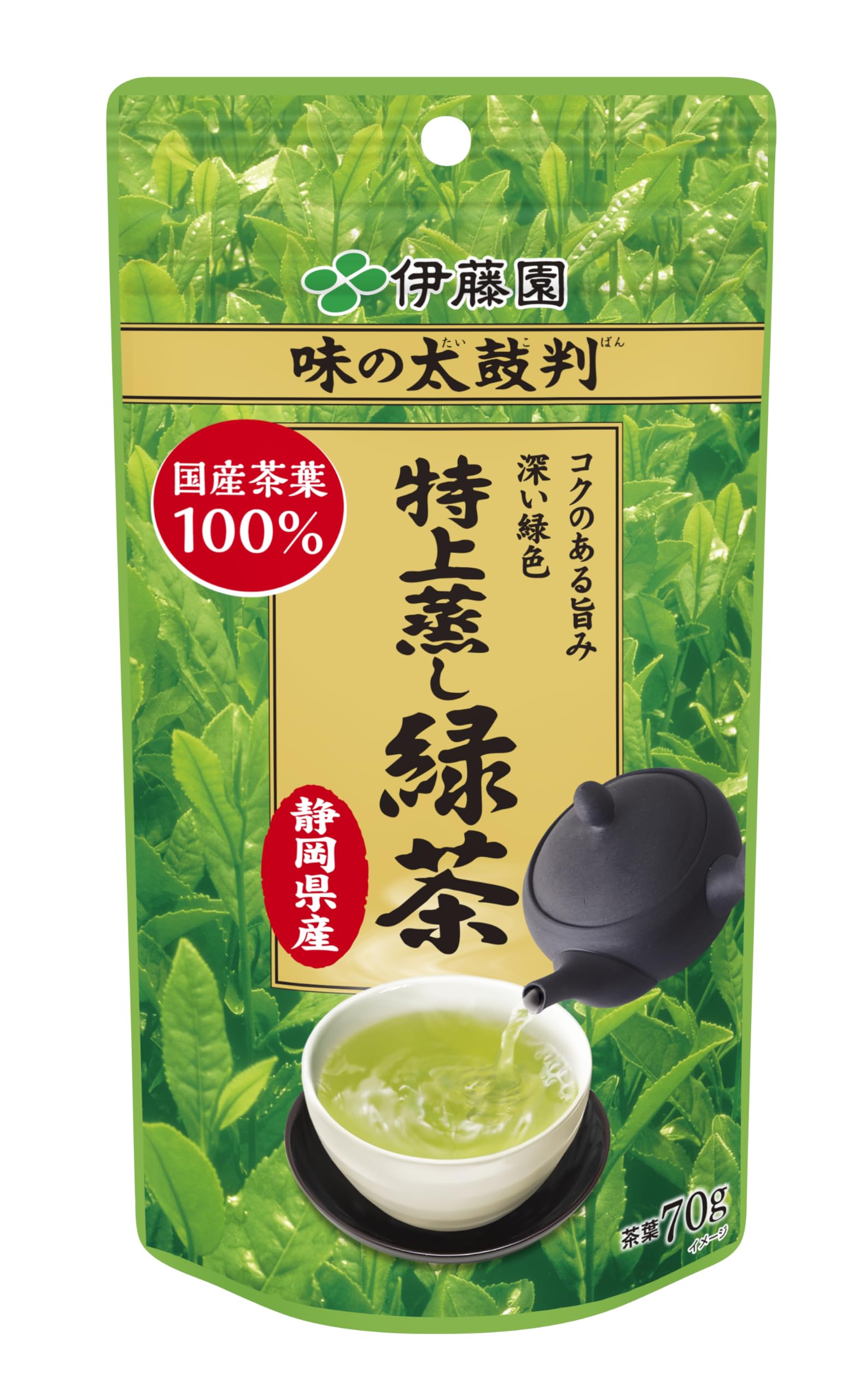 Itoen Taste of Taste Premium Steamed Green Tea Shizuoka in a resealable 70g, 100% Prefecture-grown, stand-up pouch.