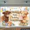 2D Pastel Highland Cow Birthday Backdrop, Floral Farm Animal Party Banner