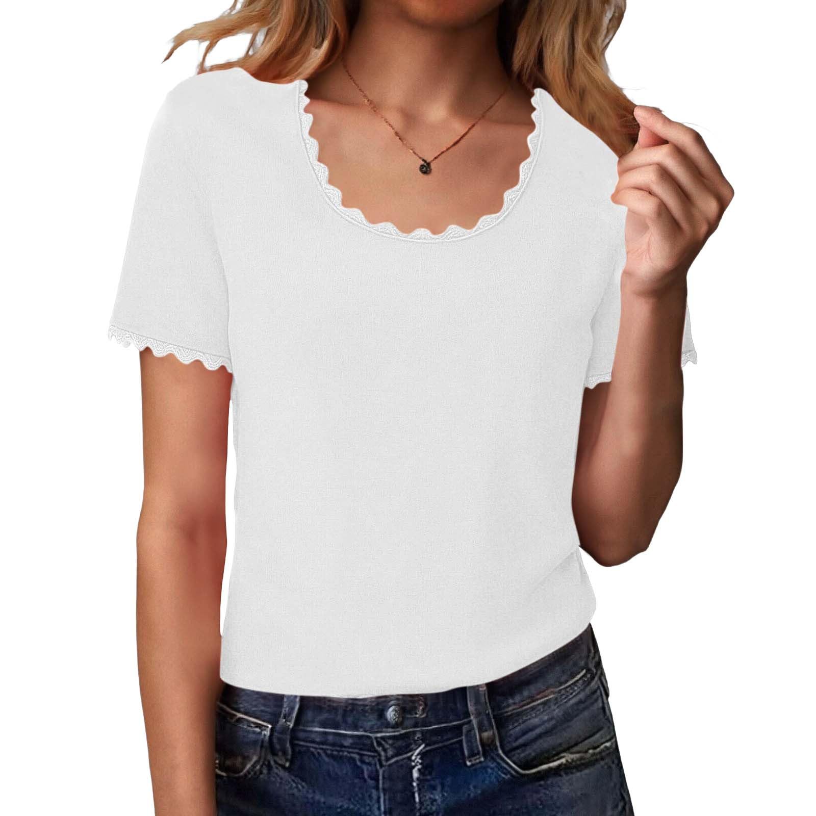 

Women s Lace Trim Casual T-Shirts Short Sleeve Loose Going Out Tops Blouses L белый