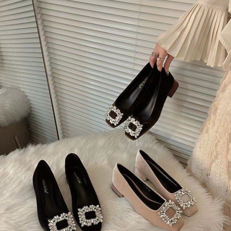 Coarse Heel French Rhinestone Temperament Single Shoes Women's Shoes 2025 New Spring and Autumn Black Square Head Commuting Shoes
