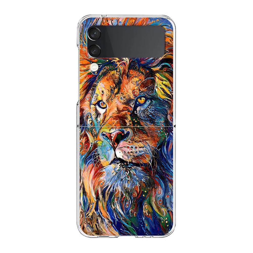 Abstract Surreal Animal Lion Clear Phone Case For Samsung Galaxy Z Flip 3 4 5 Hard Folding PC Shell For Samsung Z Flip3 Cover