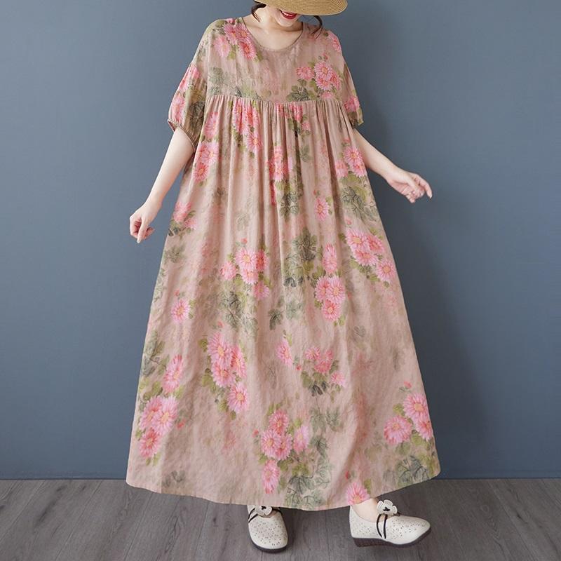 Kortermet Plus size bomull vintage floral nytt i kjoler for kvinner uformell løs lang sommerkjole
