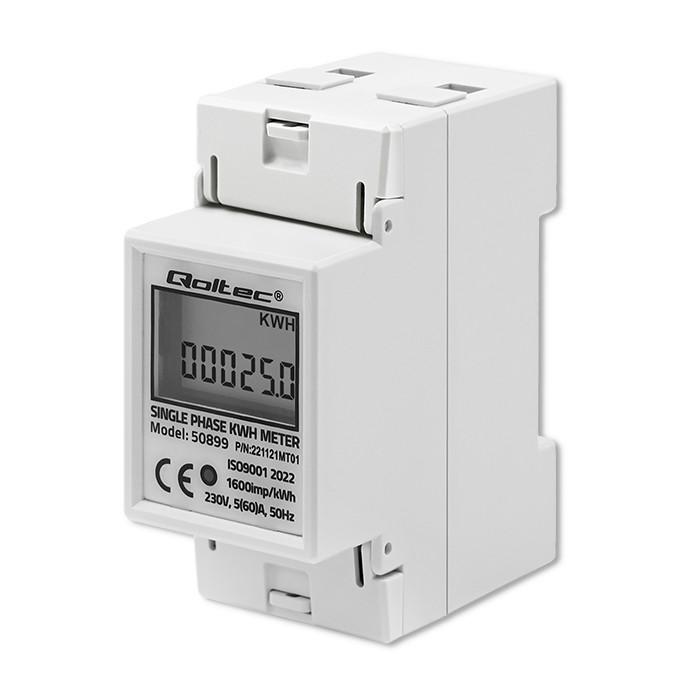 Qoltec Single-phase Electronic Meter | Energy Consumption Meter for DIN Rail | 230V | 60A | LCD | 2P