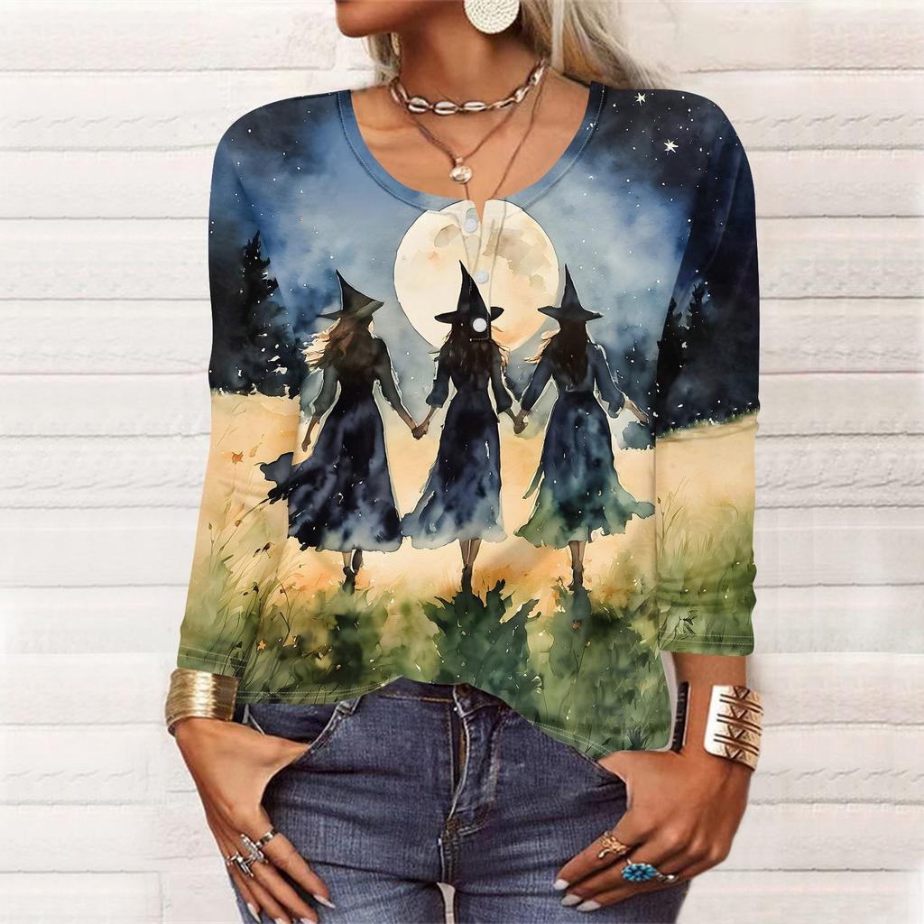 Langermede skjorter for kvinner Halloween-mønstret trykk grafisk t-skjorter bluser casual pluss størrelse basis topper genser